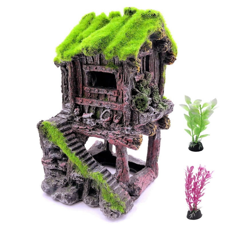 M2cbridge Aquarium Decorations Fish Hideout House Betta Cave with Green Lifelike Moss (Style 4) - Image 1